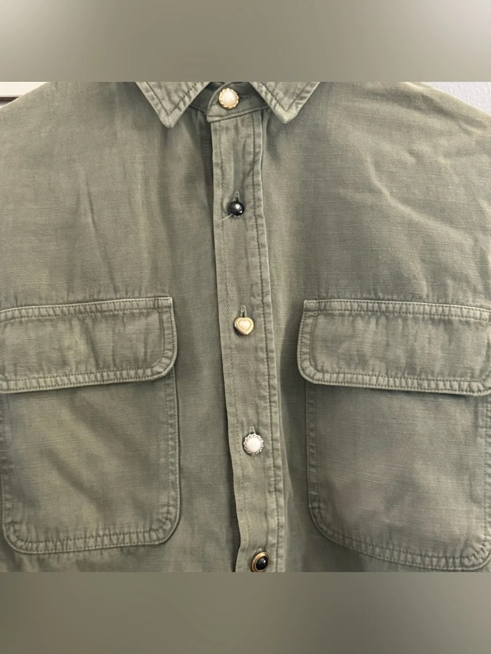 AMO Olive Green Cropped Oversized Style Cotton Linen Button-Up Shirt - Picture 11 of 12